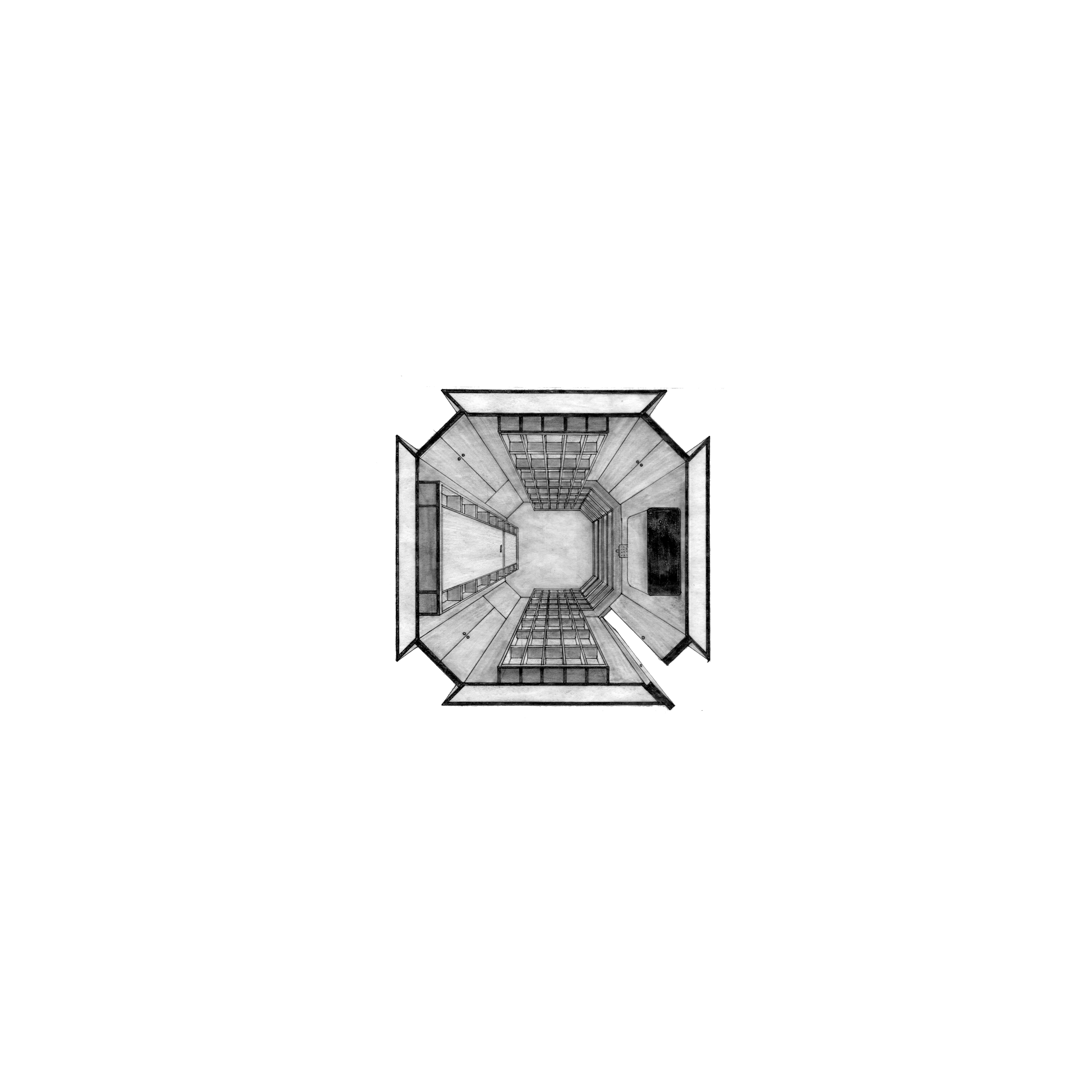 From below in pen and pencil on trace is a shaded illustration of a large suburban closet.
